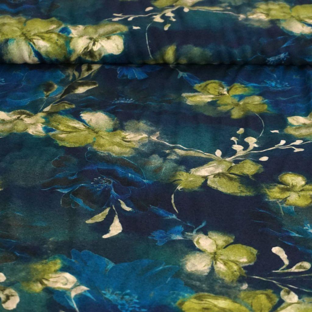 Viskose Druck Blüten hellgrün türkis dunkelblau